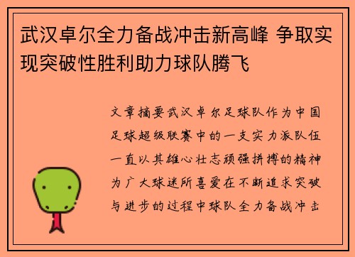 武汉卓尔全力备战冲击新高峰 争取实现突破性胜利助力球队腾飞