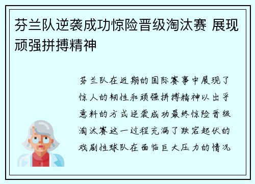 芬兰队逆袭成功惊险晋级淘汰赛 展现顽强拼搏精神