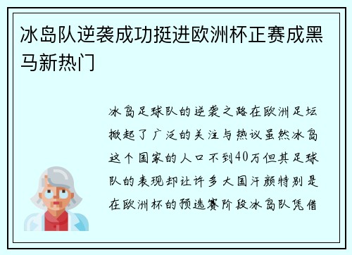 冰岛队逆袭成功挺进欧洲杯正赛成黑马新热门