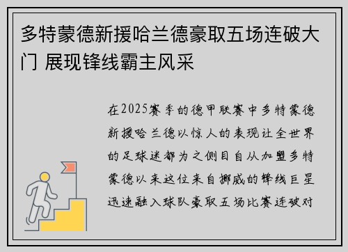 多特蒙德新援哈兰德豪取五场连破大门 展现锋线霸主风采
