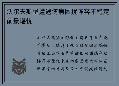 沃尔夫斯堡遭遇伤病困扰阵容不稳定前景堪忧