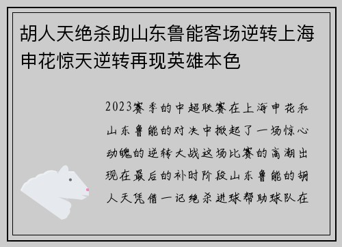 胡人天绝杀助山东鲁能客场逆转上海申花惊天逆转再现英雄本色