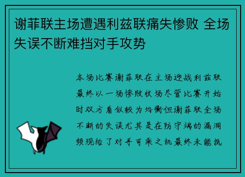 谢菲联主场遭遇利兹联痛失惨败 全场失误不断难挡对手攻势